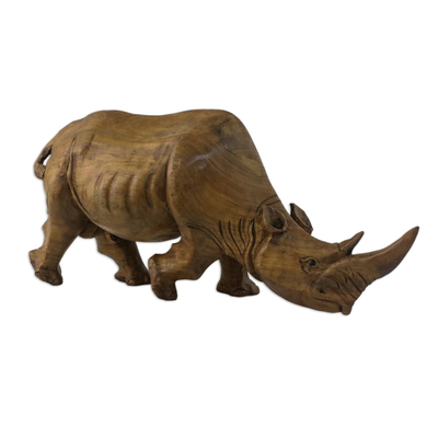 Wood statuette, 'Wary Rhino' - Raintree Wood Rhinoceros Statuette from Thailand