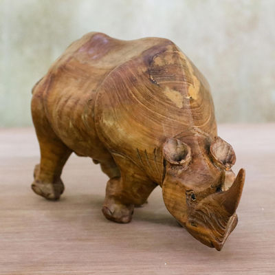 Wood statuette, 'Wary Rhino' - Raintree Wood Rhinoceros Statuette from Thailand