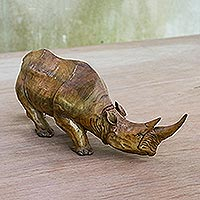 Wood statuette, 'Observant Rhino' - Artisan Crafted Raintree Wood Rhino Sculpture