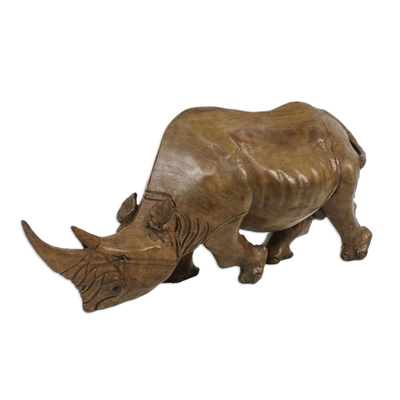 estatuilla de madera - Escultura de rinoceronte de madera de árbol de lluvia hecha a mano artesanalmente