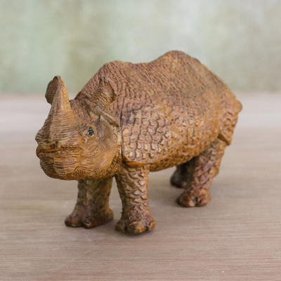 Wood sculpture, 'Curious Rhino' - Hand-Carved Raintree Wood Rhinoceros Sculpture