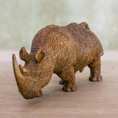 Wood statuette, 'Rhino on the Move' - Rhinoceros Sculpture Hand Carved from Raintree Wood