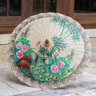 Cotton parasol, 'Plush Peacock' - Hand Painted Cotton and Bamboo Peacock Parasol from Thailand
