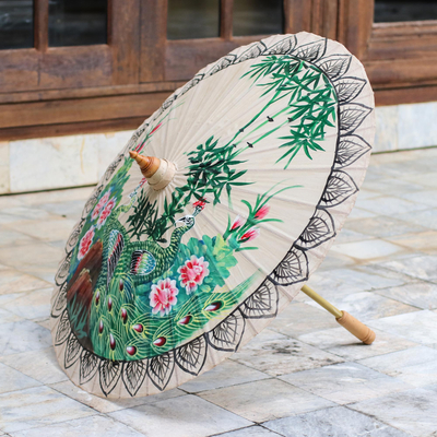 Cotton parasol, 'Plush Peacock' - Hand Painted Cotton and Bamboo Peacock Parasol from Thailand