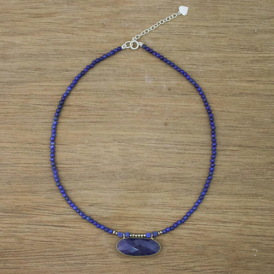 Quartz and lapis lazuli beaded pendant necklace, Shades of Blue