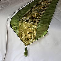 Brocade bed runner, 'Olive Elephants' - Green Elephant Brocade Bed Runner with Tassels from Thailand