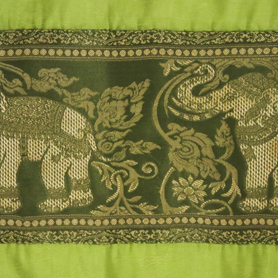 Brocade bed runner, 'Dancing Elephants' - Green and Gold Brocade Bed Runner with Elephants and Tassels