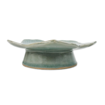 Celadon ceramic centerpiece, 'Blooming Orchid' - Hand Made Celadon Orchid Centerpiece or Serving Dish