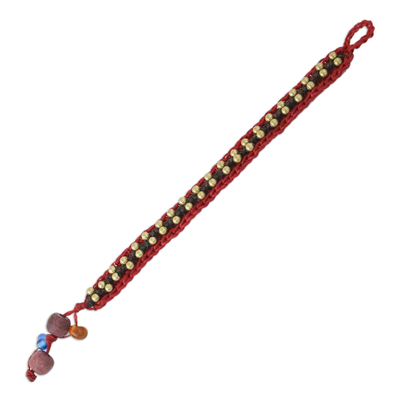Brass beaded wristband bracelet, 'Siam Beauty in Red' - Brass Beaded Wristband Bracelet in Red from Thailand