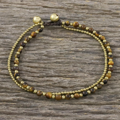 Tiger's eye beaded anklet, 'Ringing Beauty' - Tiger's Eye and Brass Beaded Anklet from Thailand