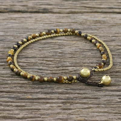 Tiger's eye beaded anklet, 'Ringing Beauty' - Tiger's Eye and Brass Beaded Anklet from Thailand