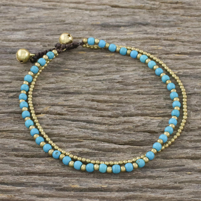 Brass beaded anklet, 'Ringing Beauty' - Brass and Calcite Beaded Anklet from Thailand