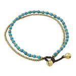 Brass beaded anklet, 'Ringing Beauty' - Brass and Calcite Beaded Anklet from Thailand