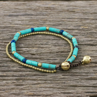 Lapis lazuli and brass beaded bracelet, 'Calm Seas' - Double Strand Calcite and Lapis Lazuli Thai Beaded Bracelet