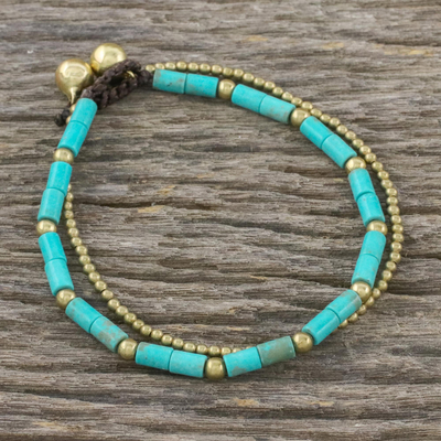 Brass beaded bracelet, 'Calm Seas' - Blue-Green Calcite and Brass Double Stand Beaded Bracelet