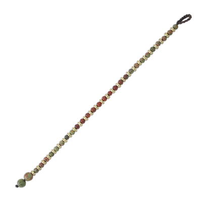 Unakite and jasper beaded bracelet, 'Mystic Field' - Unakite Red Jasper Brass Beaded Adjustable Bracelet