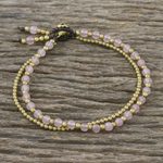 Rose quartz beaded bracelet, 'Valley of Roses' - Handmade Rose Quartz Brass Beaded Bracelet with Loop Closure