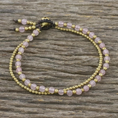 Rose quartz beaded bracelet, 'Valley of Roses' - Handmade Rose Quartz Brass Beaded Bracelet with Loop Closure
