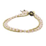 Rose quartz beaded bracelet, 'Valley of Roses' - Handmade Rose Quartz Brass Beaded Bracelet with Loop Closure