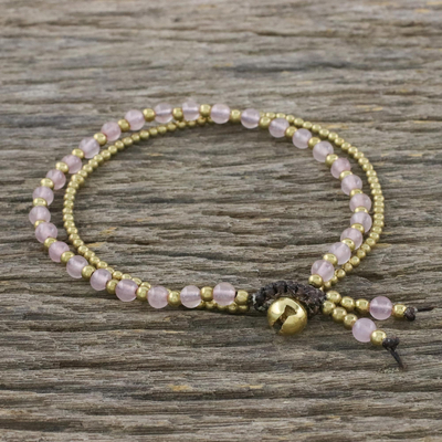 Rose quartz beaded bracelet, 'Valley of Roses' - Handmade Rose Quartz Brass Beaded Bracelet with Loop Closure