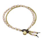 Rose quartz beaded bracelet, 'Valley of Roses' - Handmade Rose Quartz Brass Beaded Bracelet with Loop Closure