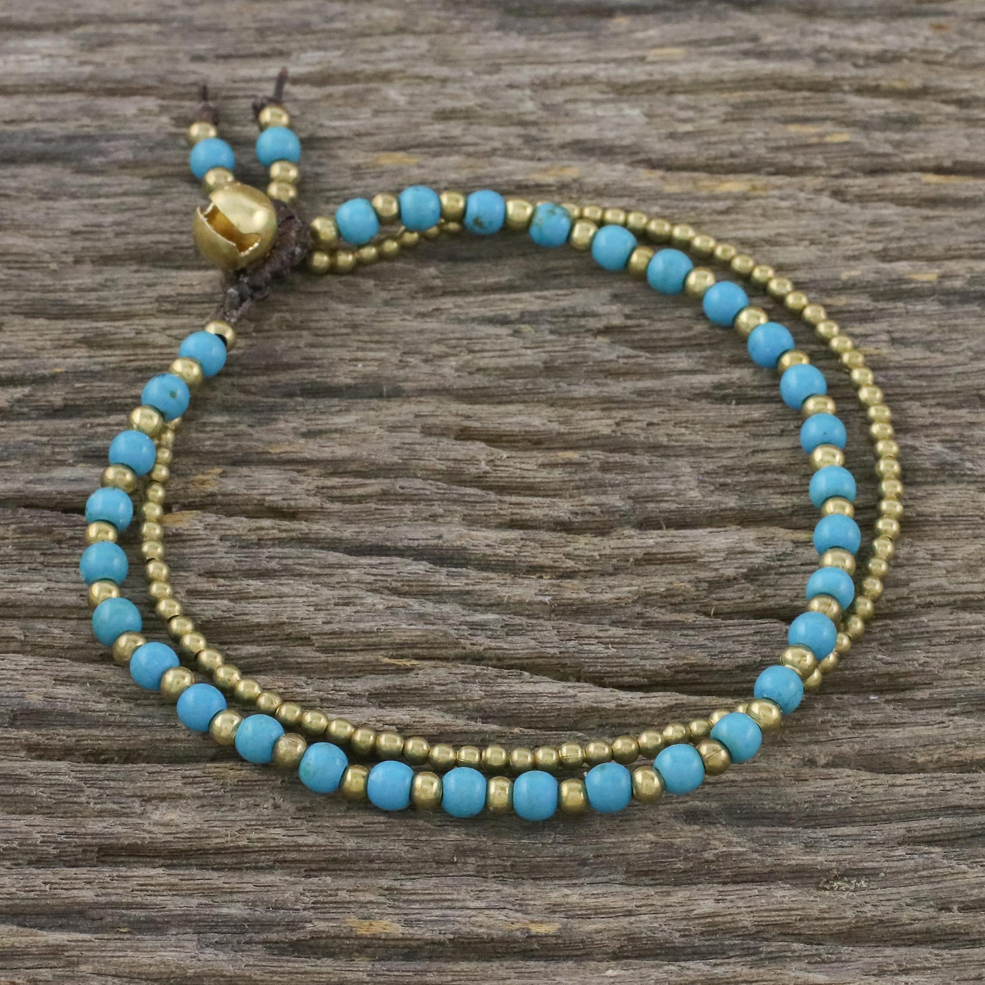 NOVICA Blue Calcite Brass Beaded Bracelet 7.75 'Elephant World'