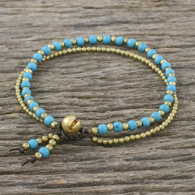 Calcite beaded bracelet, 'Valley of Blue' - Handmade Calcite Brass Beaded Bracelet with Loop Closure