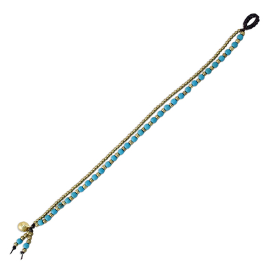 Calcite beaded bracelet, 'Valley of Blue' - Handmade Calcite Brass Beaded Bracelet with Loop Closure