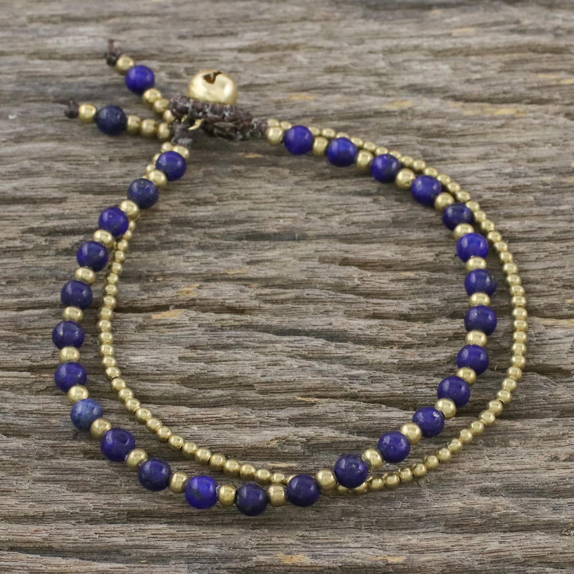 Handmade Lapis Lazuli Brass Beaded Bracelet with Loop, 'Valley of Lapis'