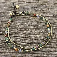 Agate beaded anklet, 'Valley of Color' - Handmade Multi-Color Agate Brass Beaded Anklet with Loop