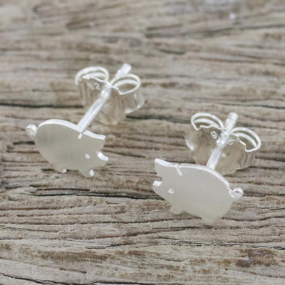 Sterling silver stud earrings, 'Whimsical' - Sterling Silver Hand Crafted Pig Shaped Stud Earrings