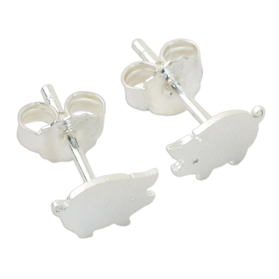 Sterling silver stud earrings, 'Whimsical' - Sterling Silver Hand Crafted Pig Shaped Stud Earrings
