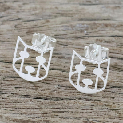 Sterling silver stud earrings, 'Hair of the Dog' - Handmade 925 Sterling Silver Stud Earrings Dog Face Thailand