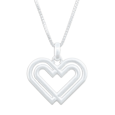 Sterling silver pendant necklace, 'United Hearts' - Handmade 925 Sterling Silver Heart Pendant Necklace Thailand