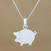 Sterling silver pendant necklace, 'Quaint Pig'