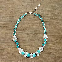 Cultured pearl and calcite beaded necklace, 'Blue Runway Chic' - Handmade Calcite Cultured Pearl Glass Beaded Necklace