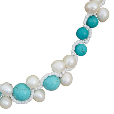 Cultured pearl and calcite beaded necklace, 'Blue Runway Chic' - Handmade Calcite Cultured Pearl Glass Beaded Necklace