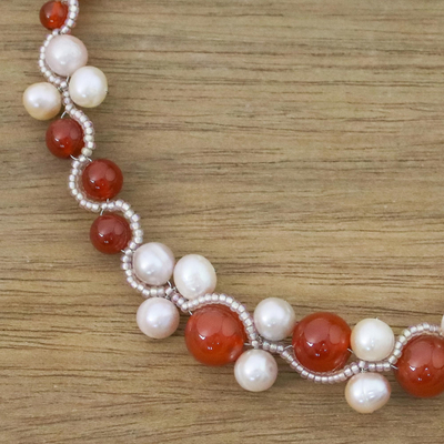 Carnelian and cultured pearl beaded necklace, 'Runway Chic in Red' - Handmade Carnelian Cultured Pearl Beaded Necklace Thailand