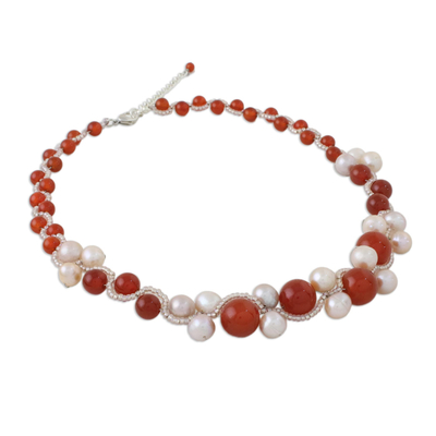 Carnelian and cultured pearl beaded necklace, 'Runway Chic in Red' - Handmade Carnelian Cultured Pearl Beaded Necklace Thailand