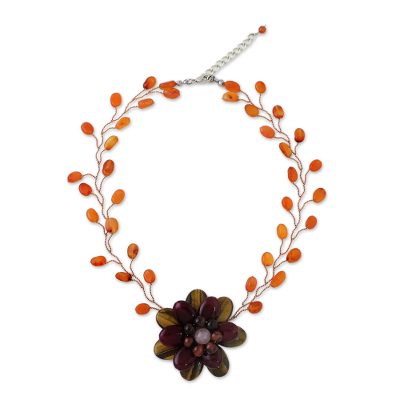Multi-gemstone beaded pendant choker, 'Bright Emerging Blossom' - Handmade Quartz Carnelian Tiger's Eye Choker Necklace