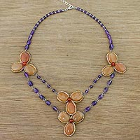 Multi-gemstone beaded pendant necklace, 'Dawn Bloom in Orange' - Handmade Carnelian Amethyst Glass Floral Pendant Necklace