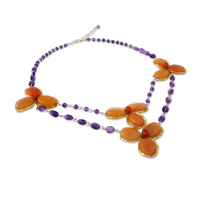Multi-gemstone beaded pendant necklace, 'Dawn Bloom in Orange' - Handmade Carnelian Amethyst Glass Floral Pendant Necklace
