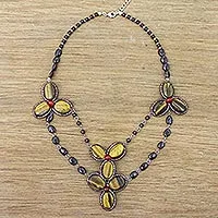 Multi-gemstone beaded pendant necklace, 'Dawn Bloom in Amber' - Handmade Tigers Eye Garnet Dyed Quartz Pendant Necklace