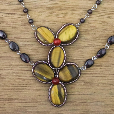 Multi-gemstone beaded pendant necklace, 'Dawn Bloom in Amber' - Handmade Tigers Eye Garnet Dyed Quartz Pendant Necklace