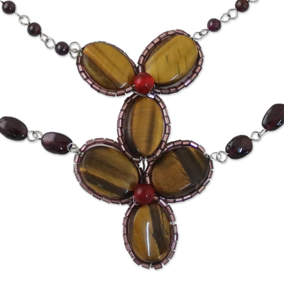 Halskette mit Perlenanhänger und mehreren Edelsteinen - Handgefertigte Tigerauge-Granat-gefärbte Quarz-Anhänger-Halskette