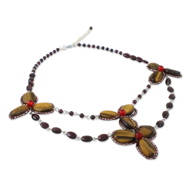 Multi-gemstone beaded pendant necklace, 'Dawn Bloom in Amber' - Handmade Tigers Eye Garnet Dyed Quartz Pendant Necklace