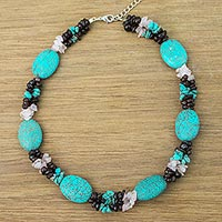 Rose quartz and garnet beaded necklace, 'Bramblebush Dream' - Handmade Calcite Garnet Rose Quartz Beaded Necklace