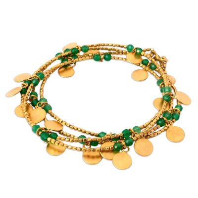 Quartz beaded wrap bracelet, 'Warm Sun' - Quartz and Brass Charm Wrap Bracelet from Thailand