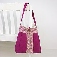 Cotton shoulder bag, 'Thai Glitter' - Cotton Shoulder Bag with Cotton Lining and Button Closure