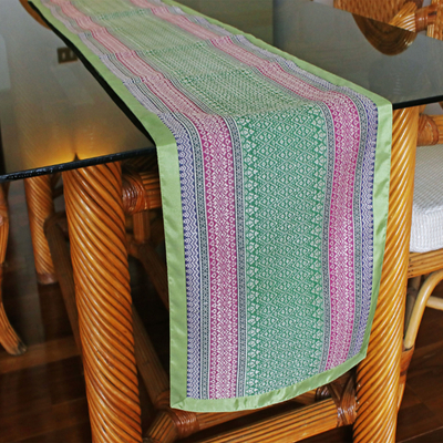 Camino de mesa de mezcla de algodón - Camino de mesa de algodón Yok Dok tejido a mano en verde rosa azul